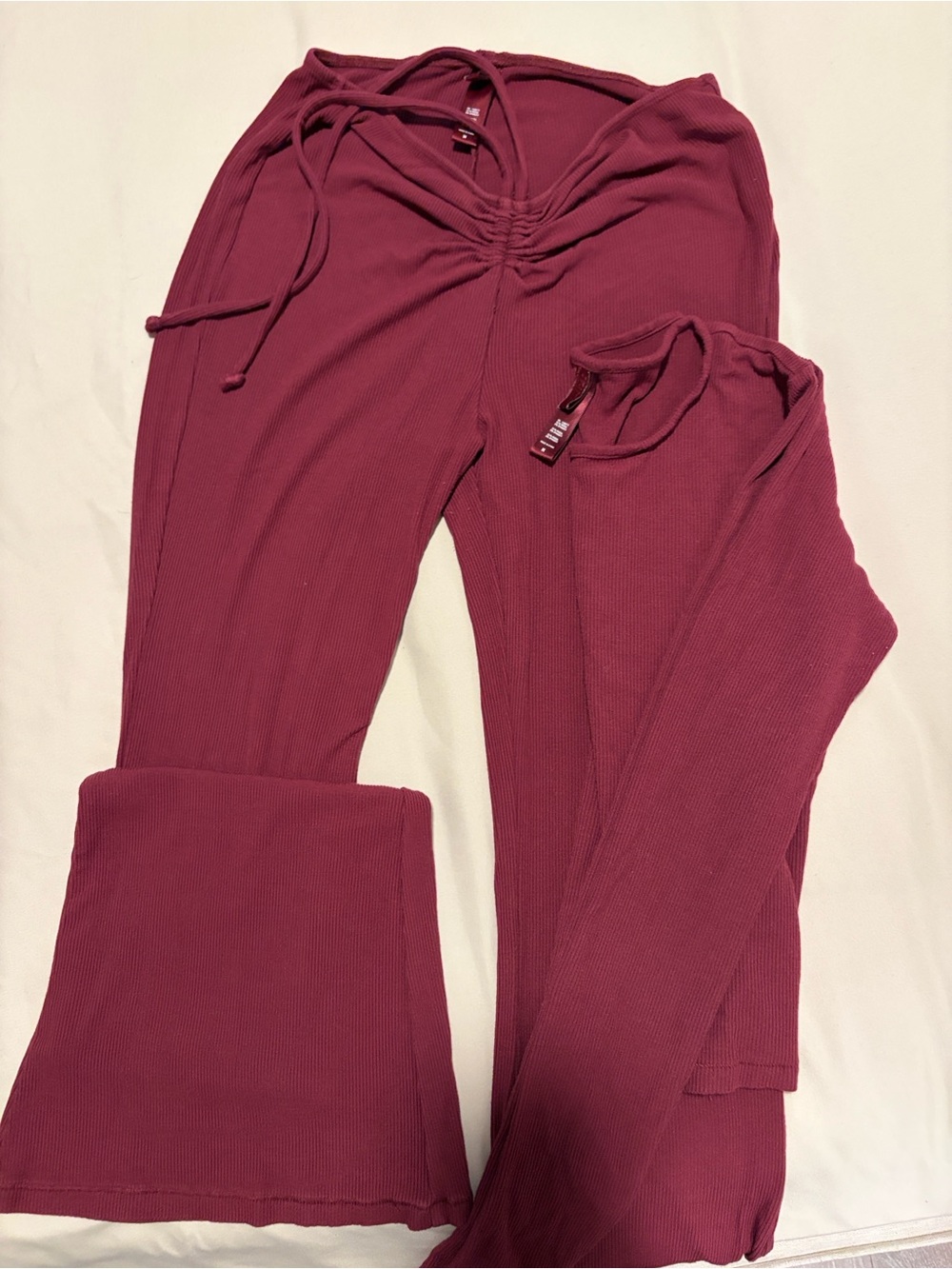 SKIMS Ribbed Drawstring Wide-Leg Pants and matching Long Sleeve Top - Berry Plum